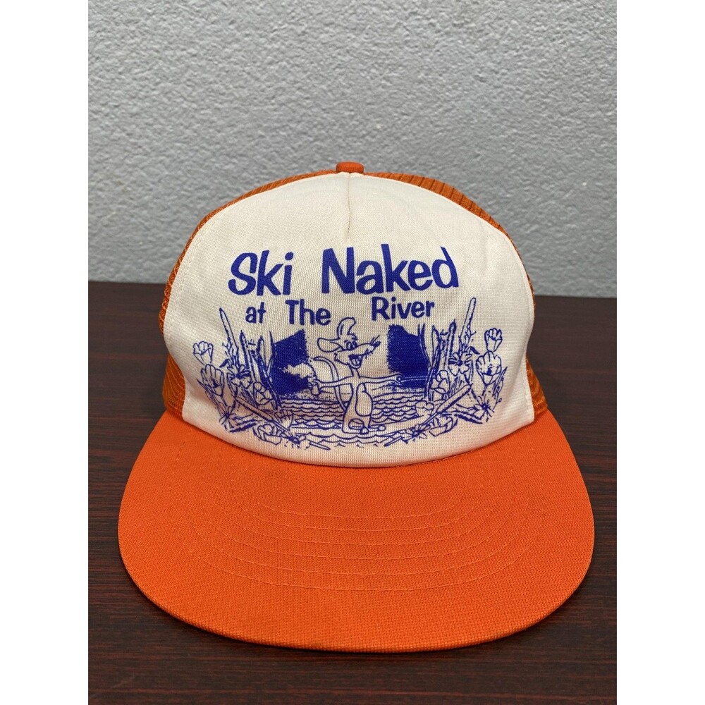 Vintage Headliners Ski Naked Hat Cap Snap Back Mens One Size Orange Trucker 80s